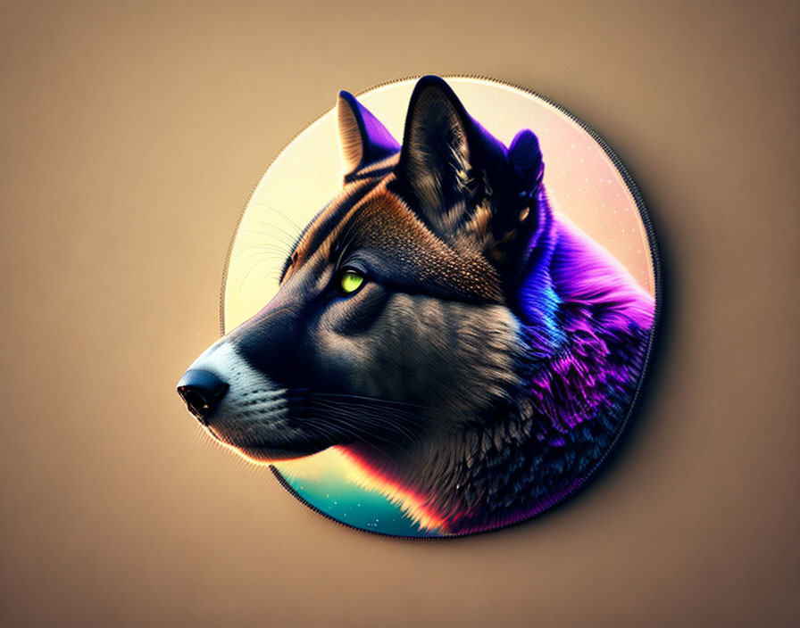 Vibrant neon wolf art on warm brown background