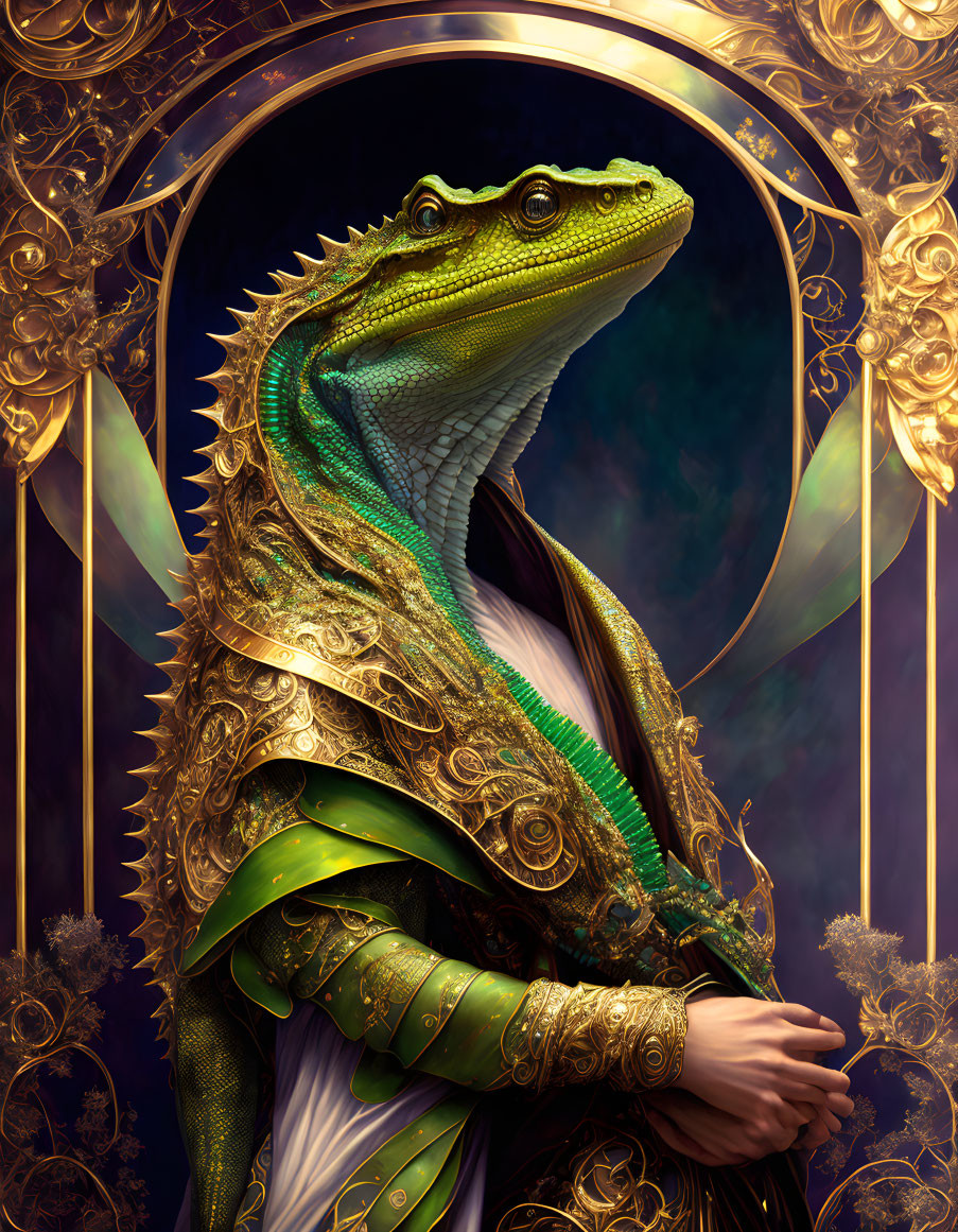 Regal anthropomorphic alligator in opulent renaissance attire.