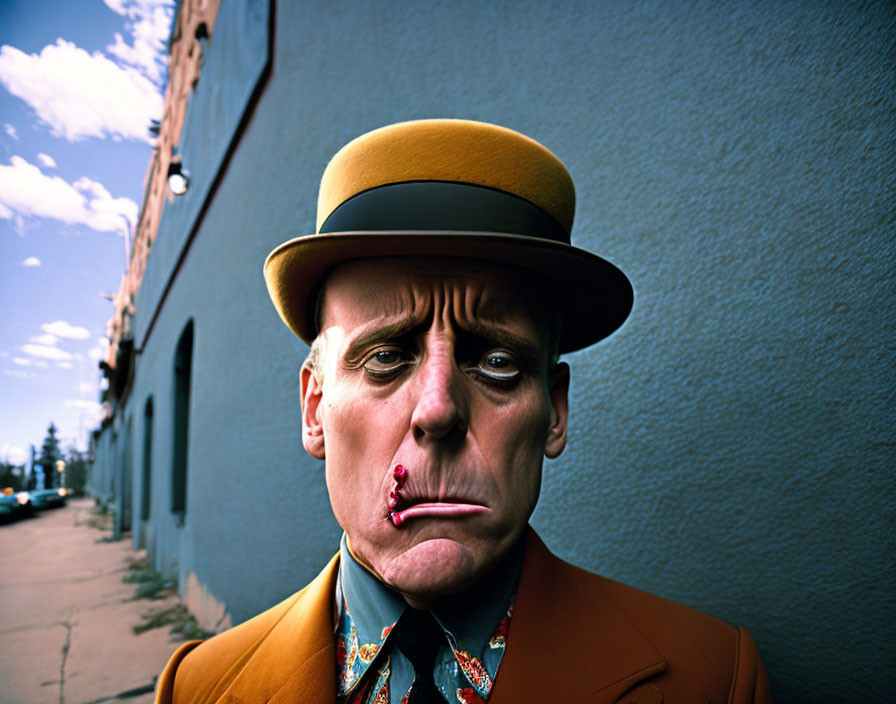 Surprised man in bowler hat and suit with cigarette against blue wall.