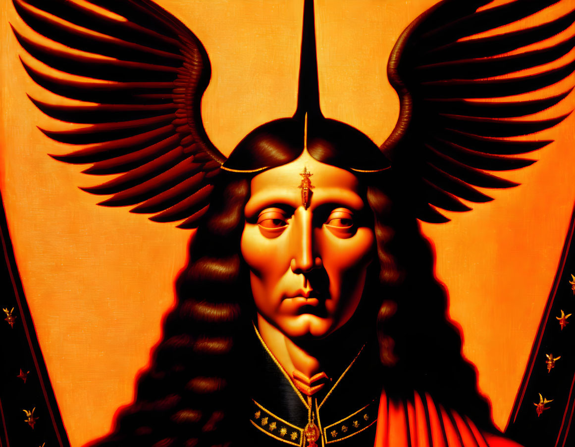 Stylized portrait: Person with wing ears, stars on dark top, orange background