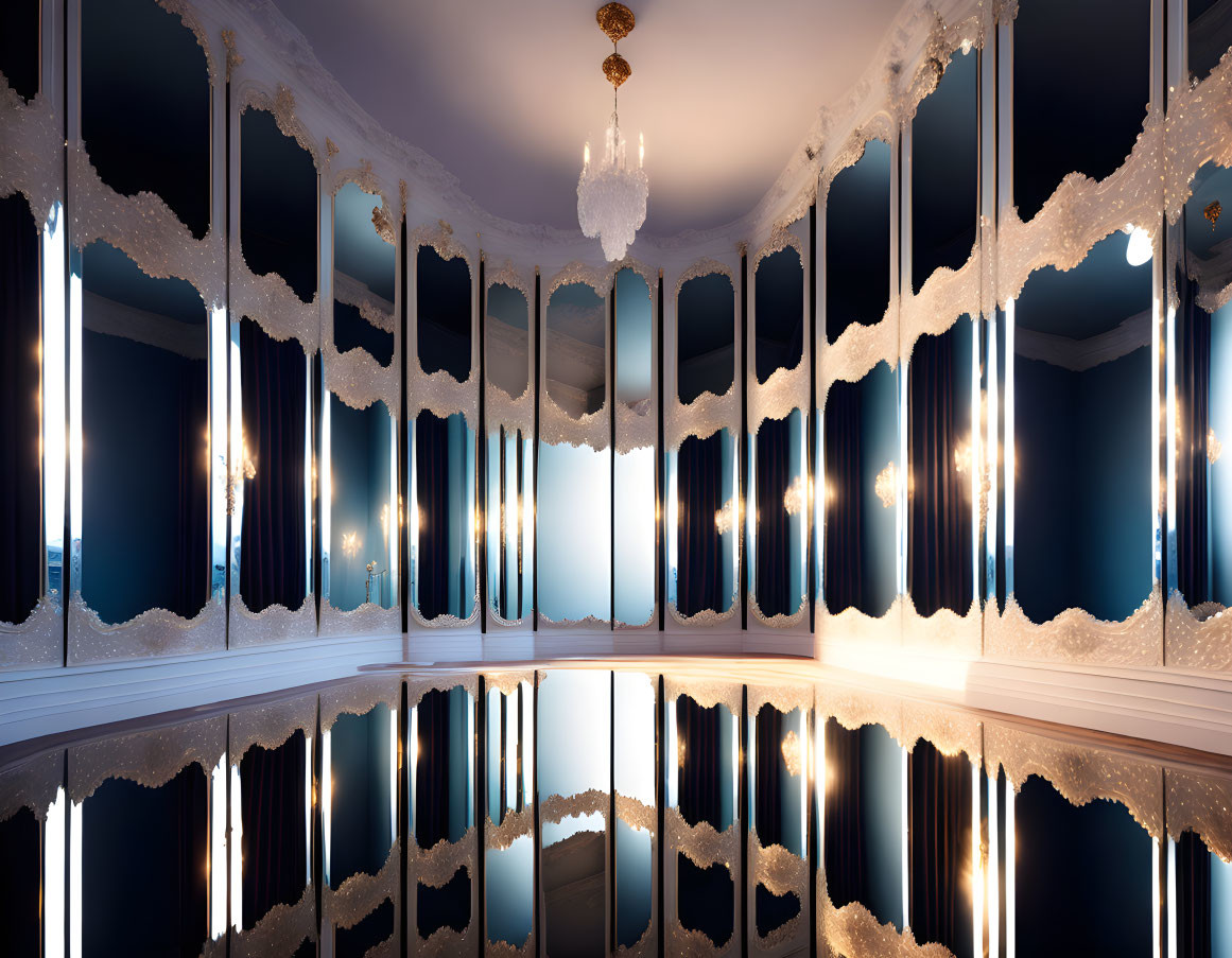 Luxurious Room with Mirrored Floor, Blue Walls, and Elegant Chandeliers