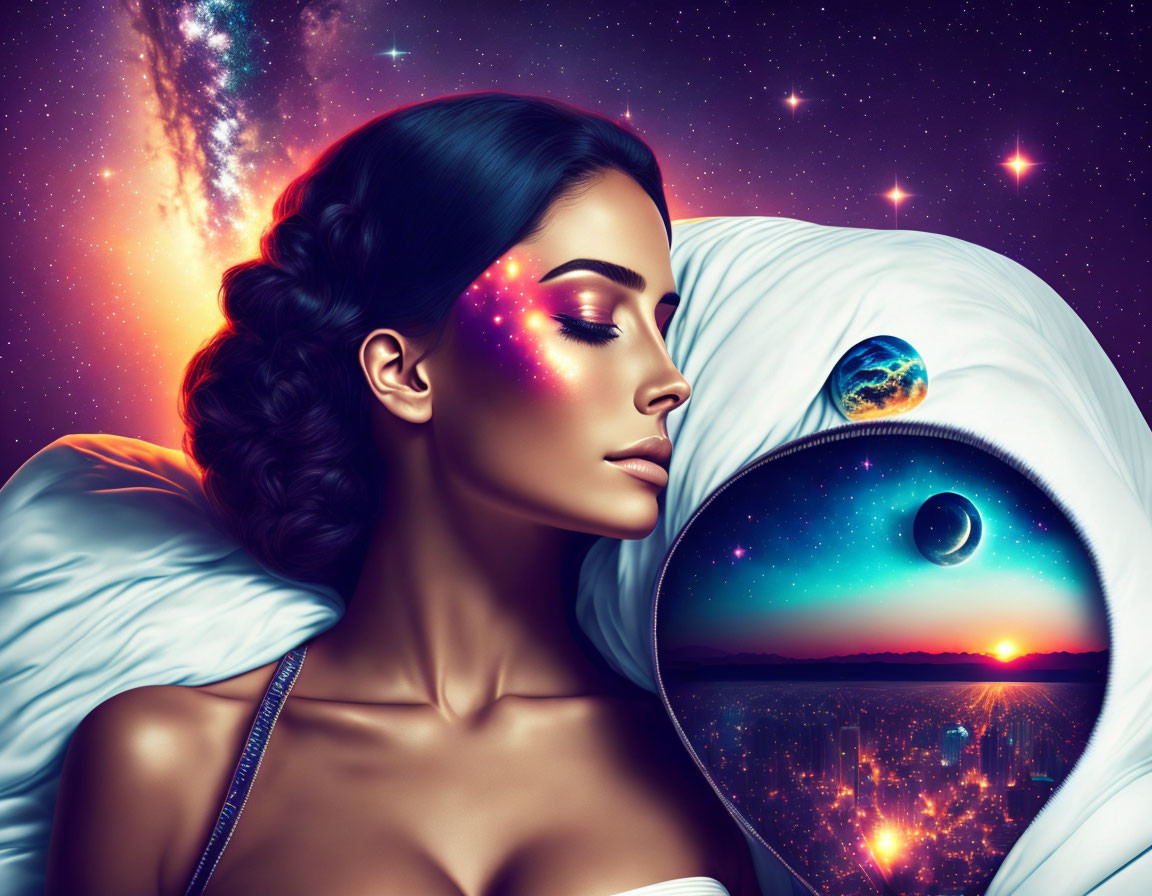 Surreal image of woman with cosmic makeup and astronaut helmet reflecting cityscape and celestial bodies