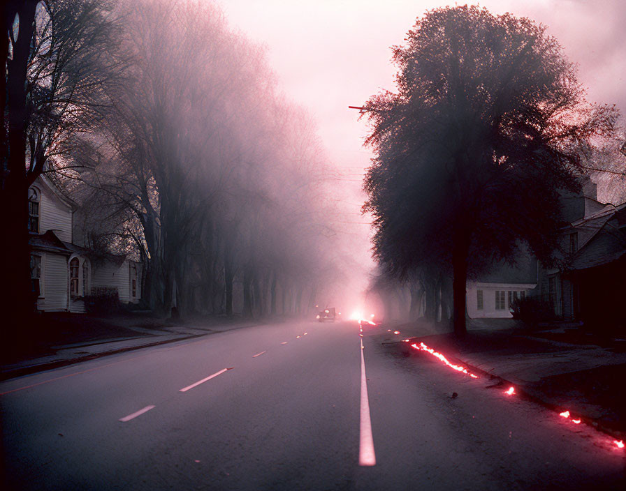 Misty street scene with bare trees and glowing red car lights