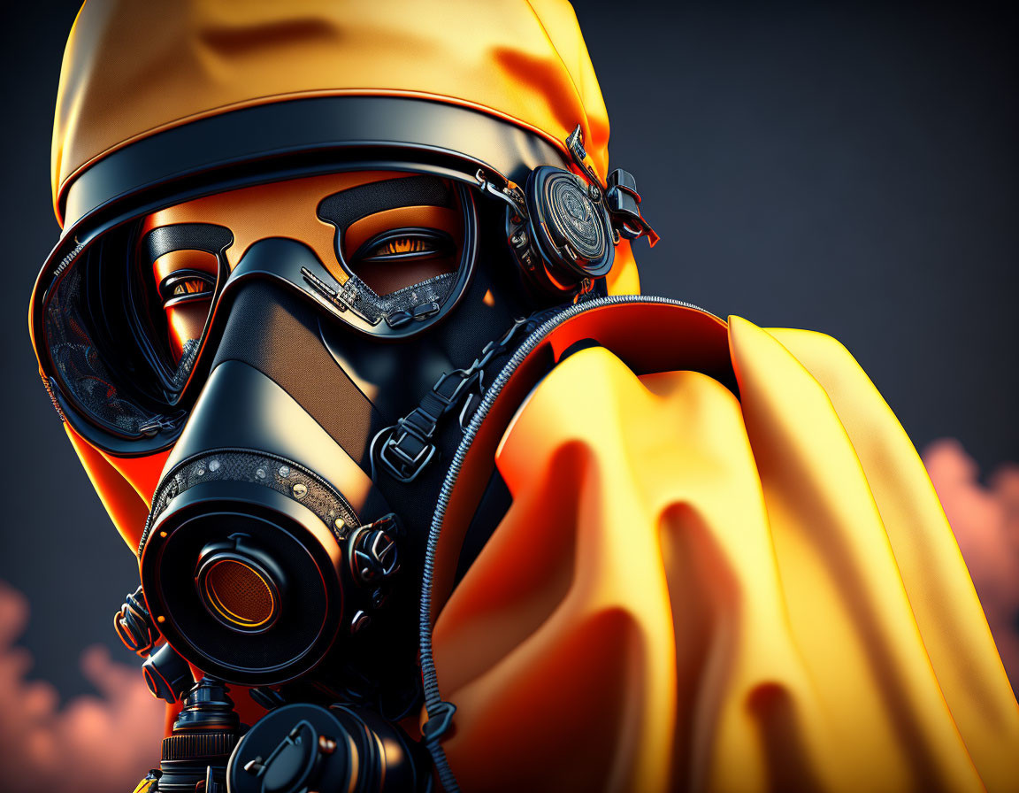 Close-Up of Stylized Person in Yellow Hazmat Suit and Gas Mask with Orange Clouded Sky