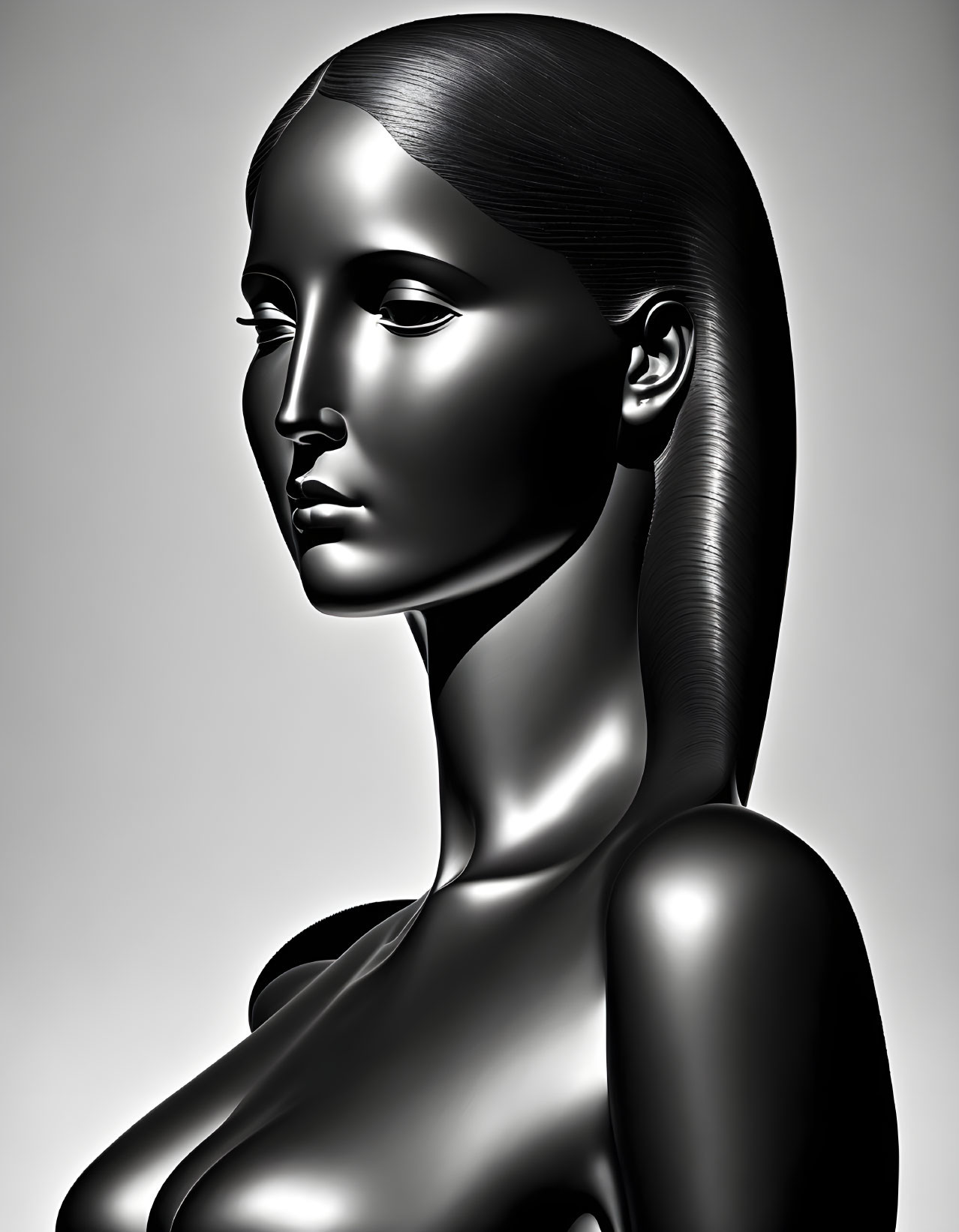 Stylized grayscale digital art of metallic female figure