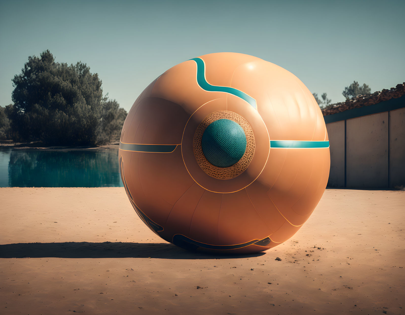 Large Inflatable Beach Ball on Sandy Ground by Water and Trees