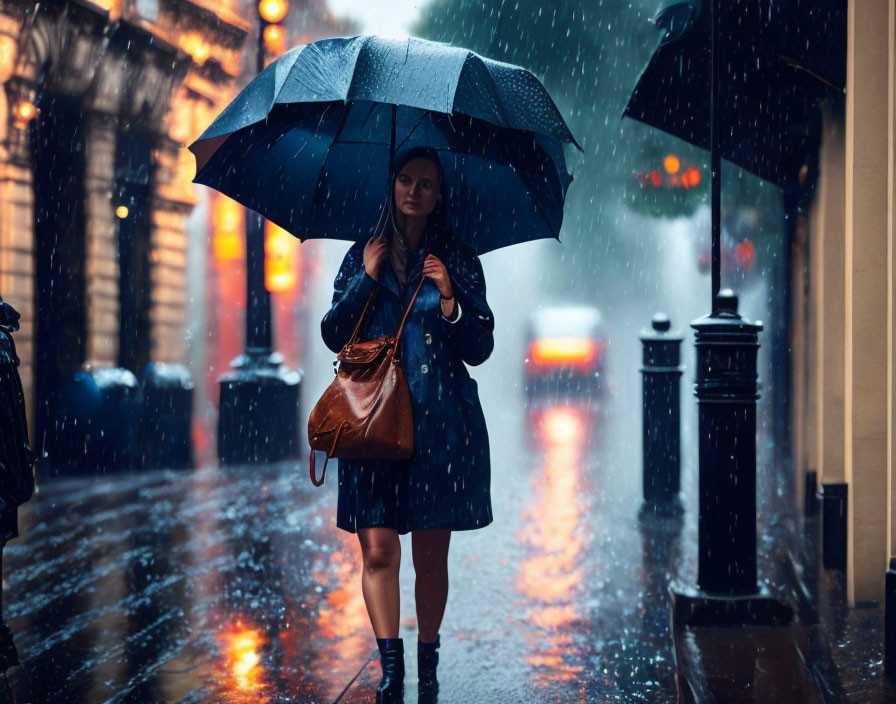 Woman walking under umbrella on rain-soaked city street at night.