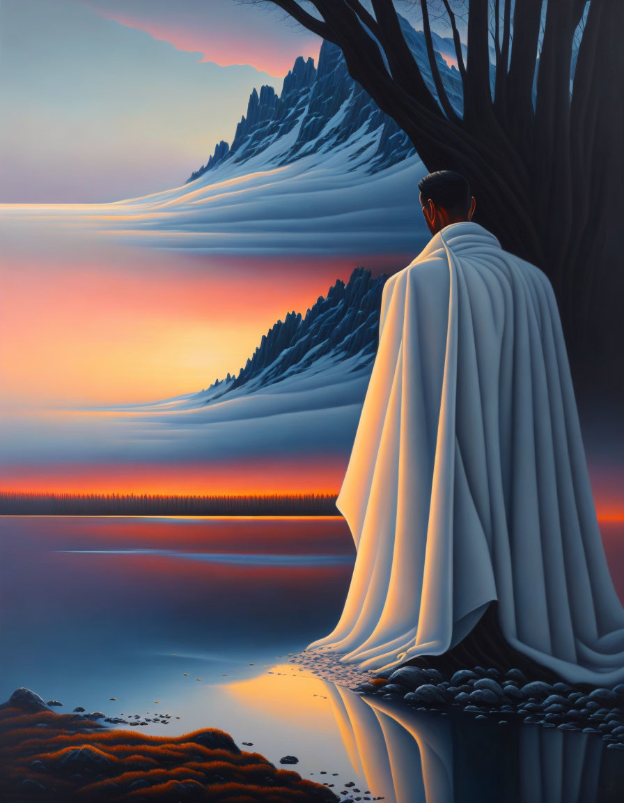 Person in white cloak by orange lake and mountains at twilight