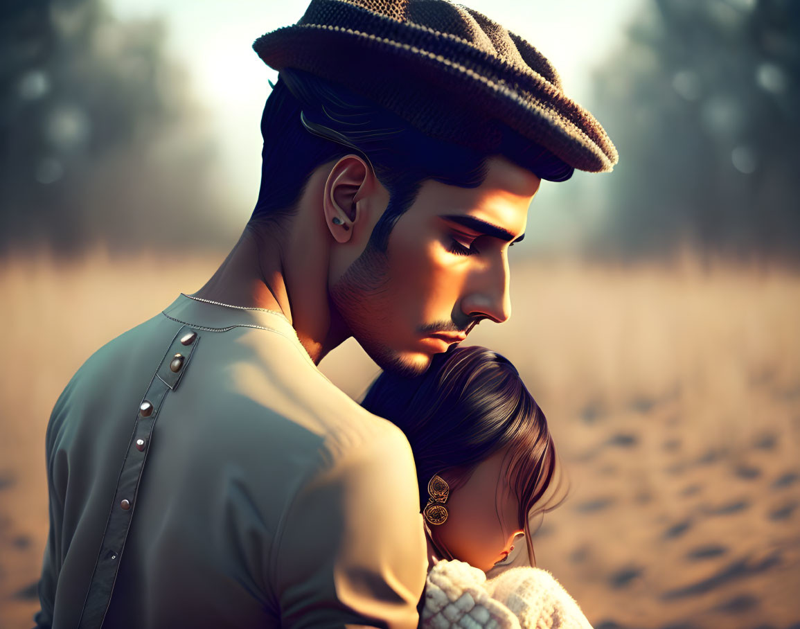 Stylized man in hat embracing child in digital art.