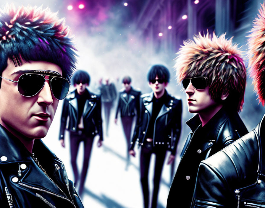 Group with punk hairstyles in leather jackets with colorful smoke