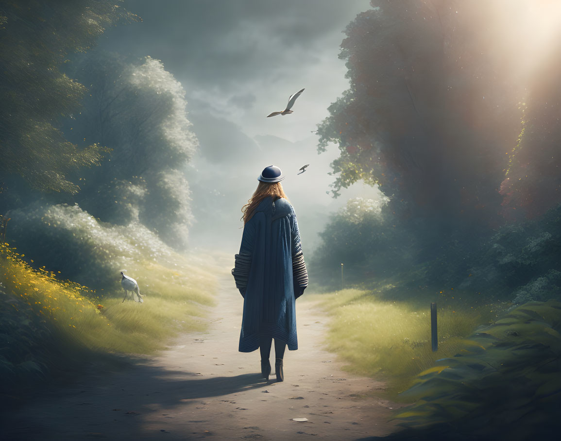 Person in Blue Coat Watches Birds in Sunlit Forest with Dog