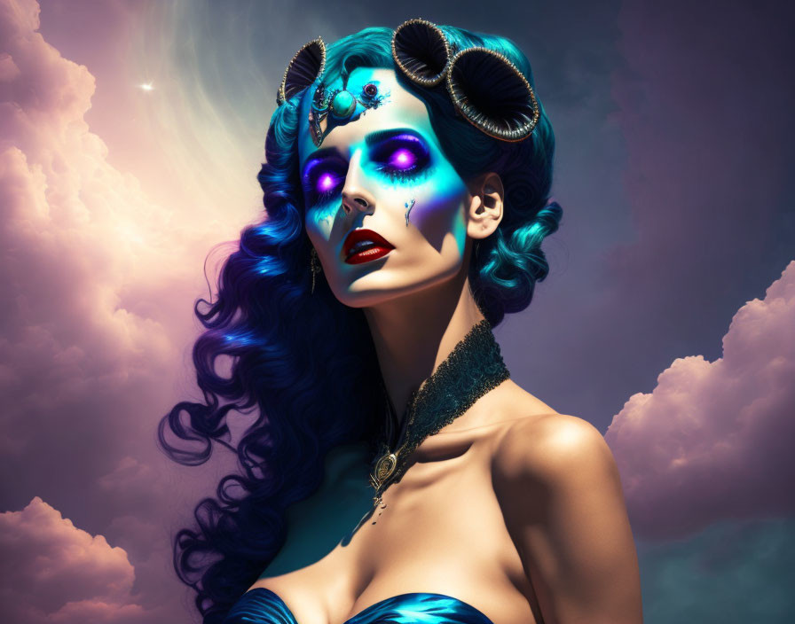 Stylized portrait of woman with blue glowing makeup and ram horns against dramatic sky