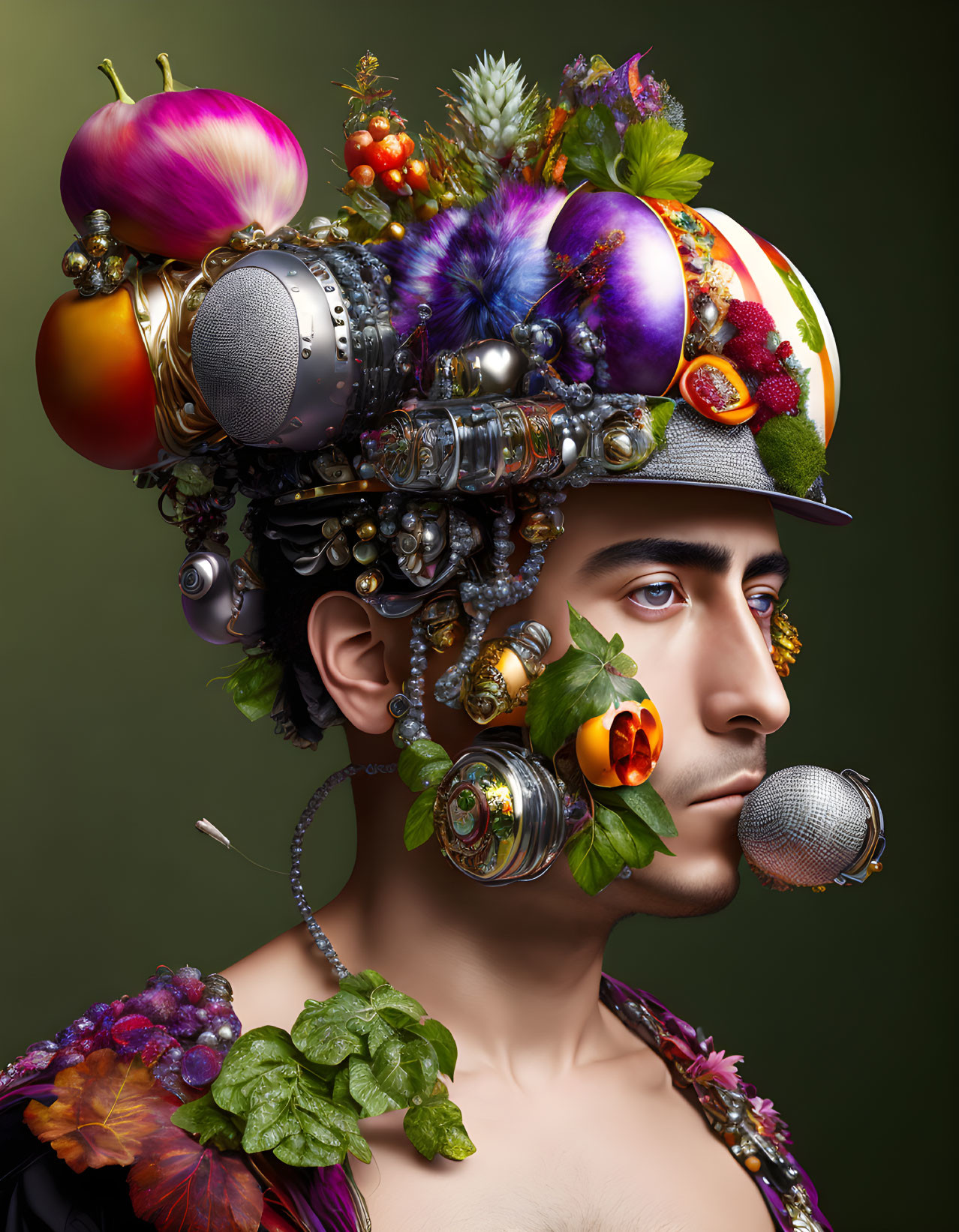 Man with Elaborate Fruit and Flower Headdress Portrait