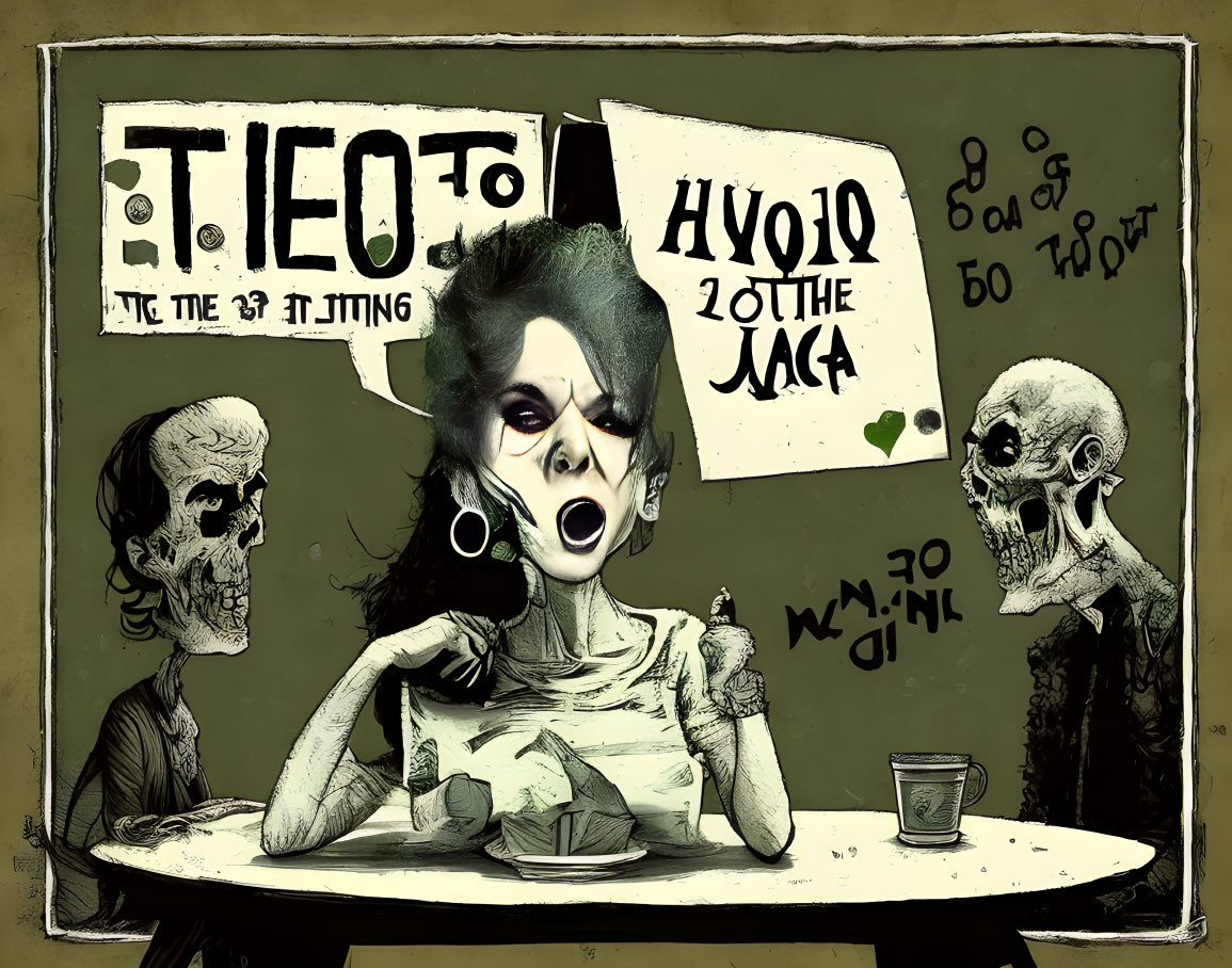 Zombie characters at table with cryptic symbols on green background