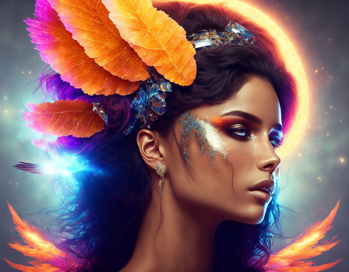 Digital artwork: Woman with sparkling makeup, orange feathers, mystical halo, and floating lights