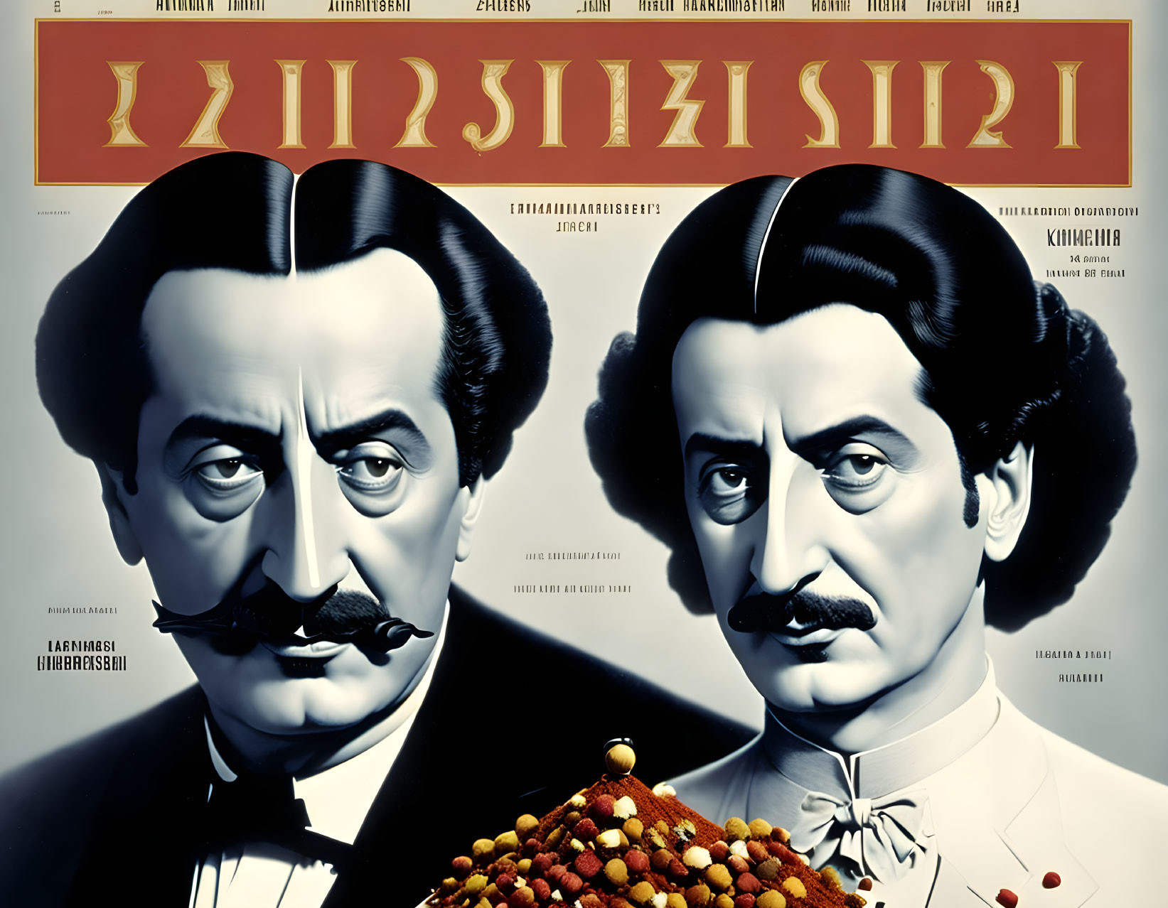 Classic Movie Poster Featuring Two Men with Stylized Hair and Mustaches