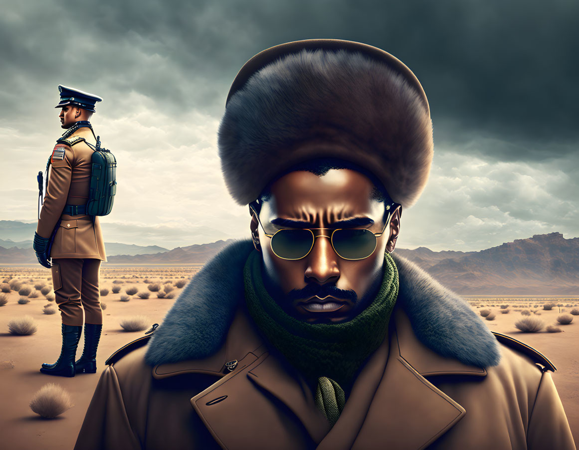 Stylized characters in desert scene with military uniform and trench coat