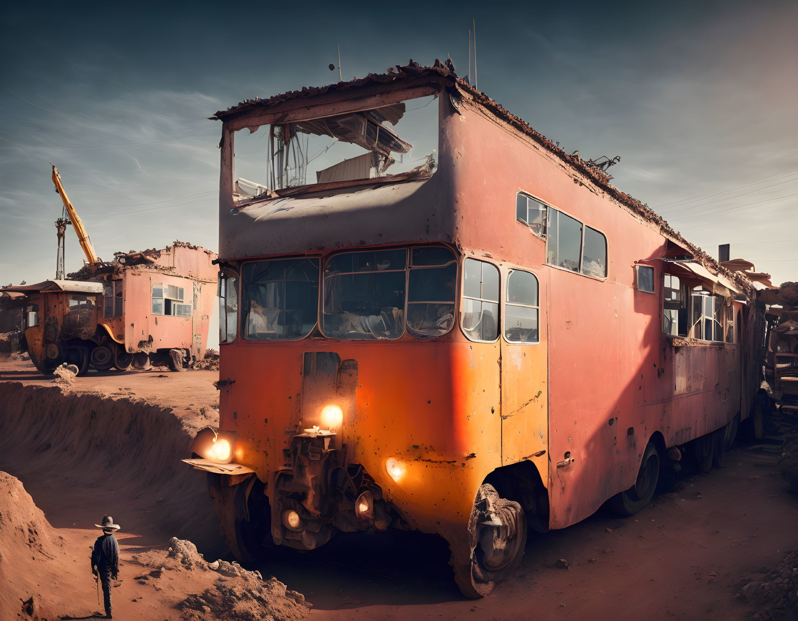 Rusty red double-decker bus in desolate yard with construction equipment