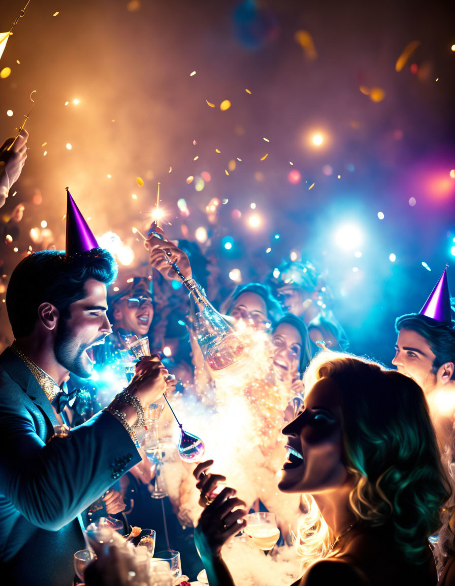 Colorful party scene with people in hats celebrating with drinks and sparklers.