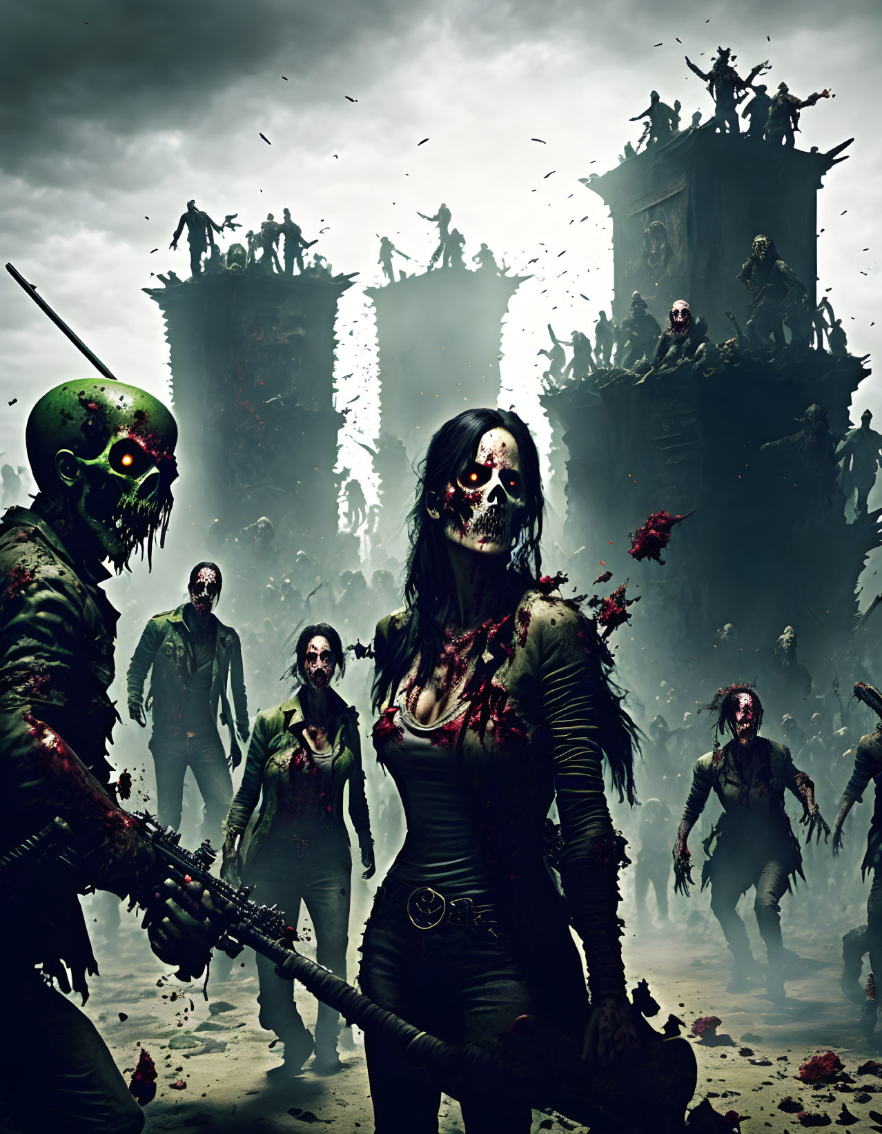 Menacing zombies in decay with one holding a weapon in apocalyptic ruins