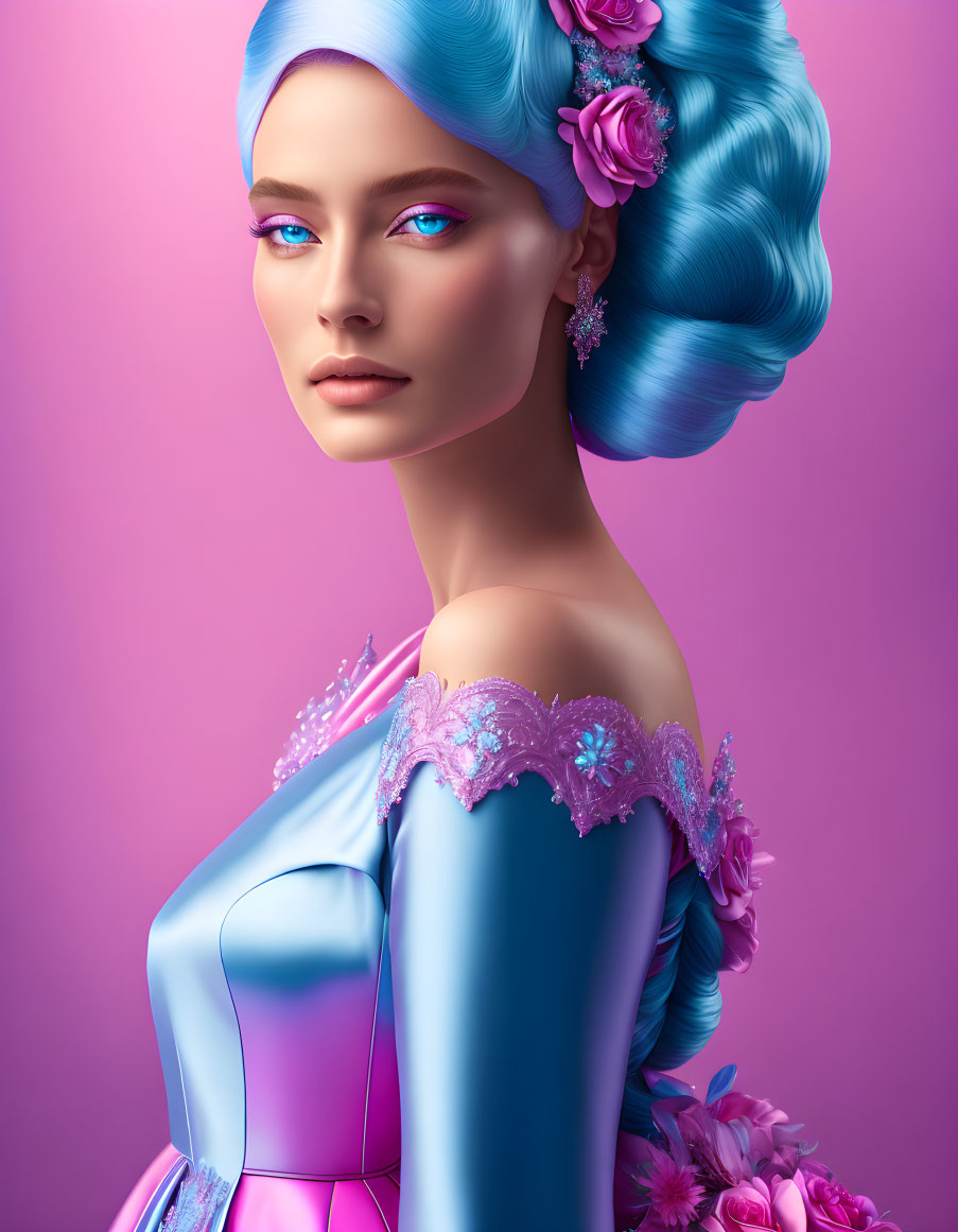 Vibrant digital illustration of woman with blue hair and pink flowers