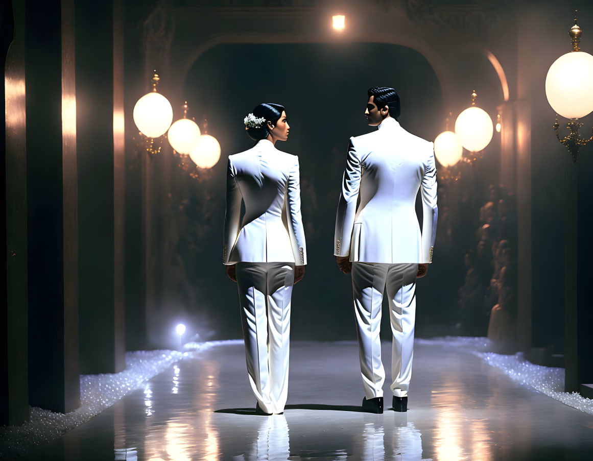 Fashion runway: Two models in white outfits walking away under moody lighting