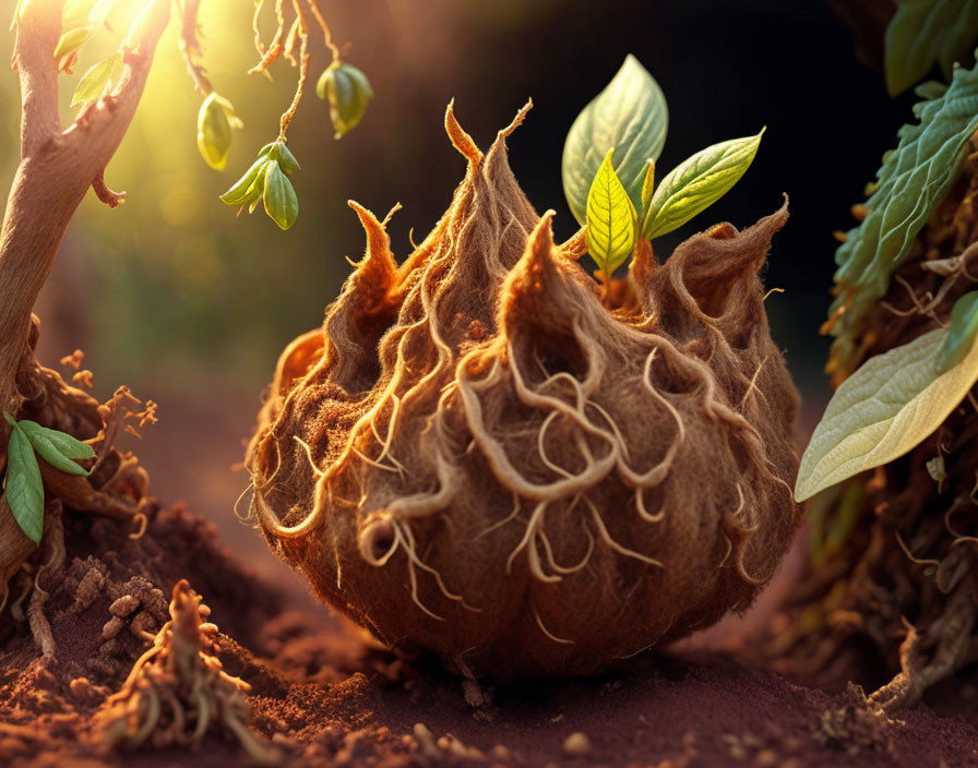 Fantasy seed pod digital artwork with intricate roots and leaves in warm sunlight