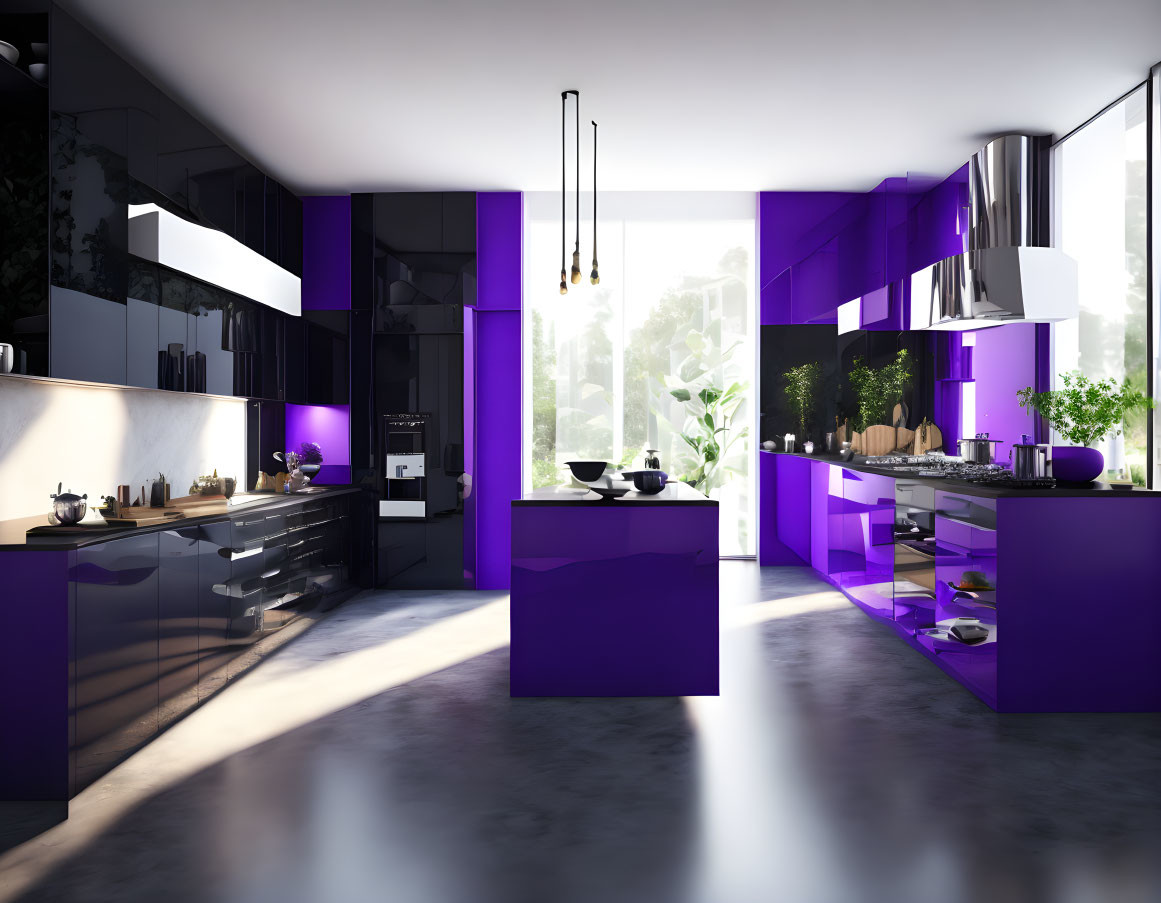 Contemporary Kitchen Interior: Purple & Black Cabinets, Sleek Design, Natural Light, Reflective Floor