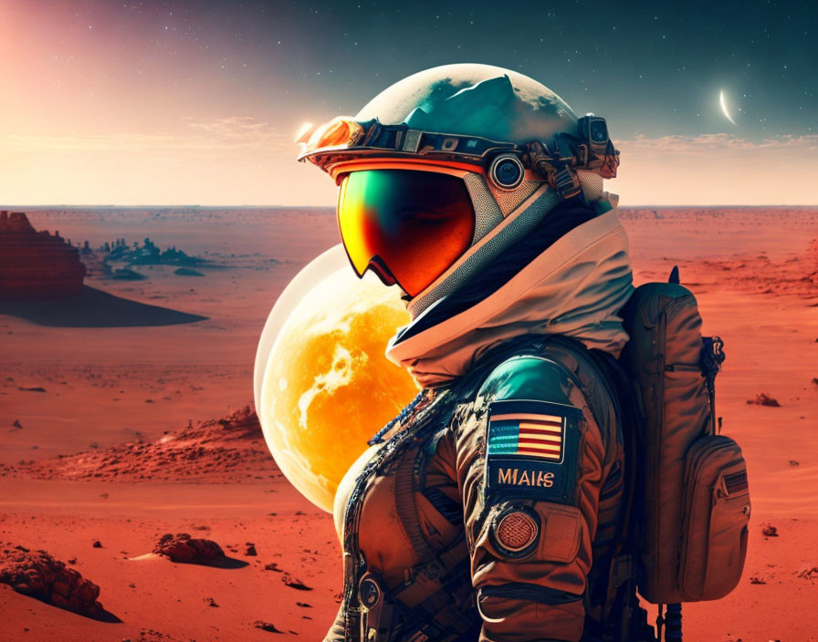 Detailed spacesuit astronaut on Mars-like landscape with celestial body in the sky