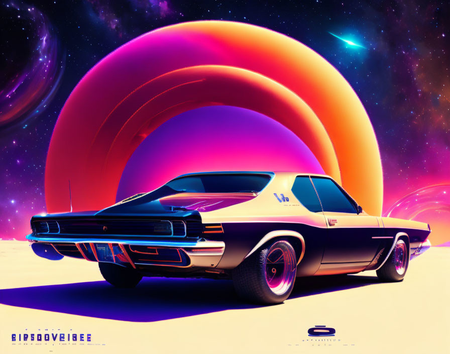 Vintage Car with Neon Highlights on Surreal Alien Landscape with Gas Giant Rings