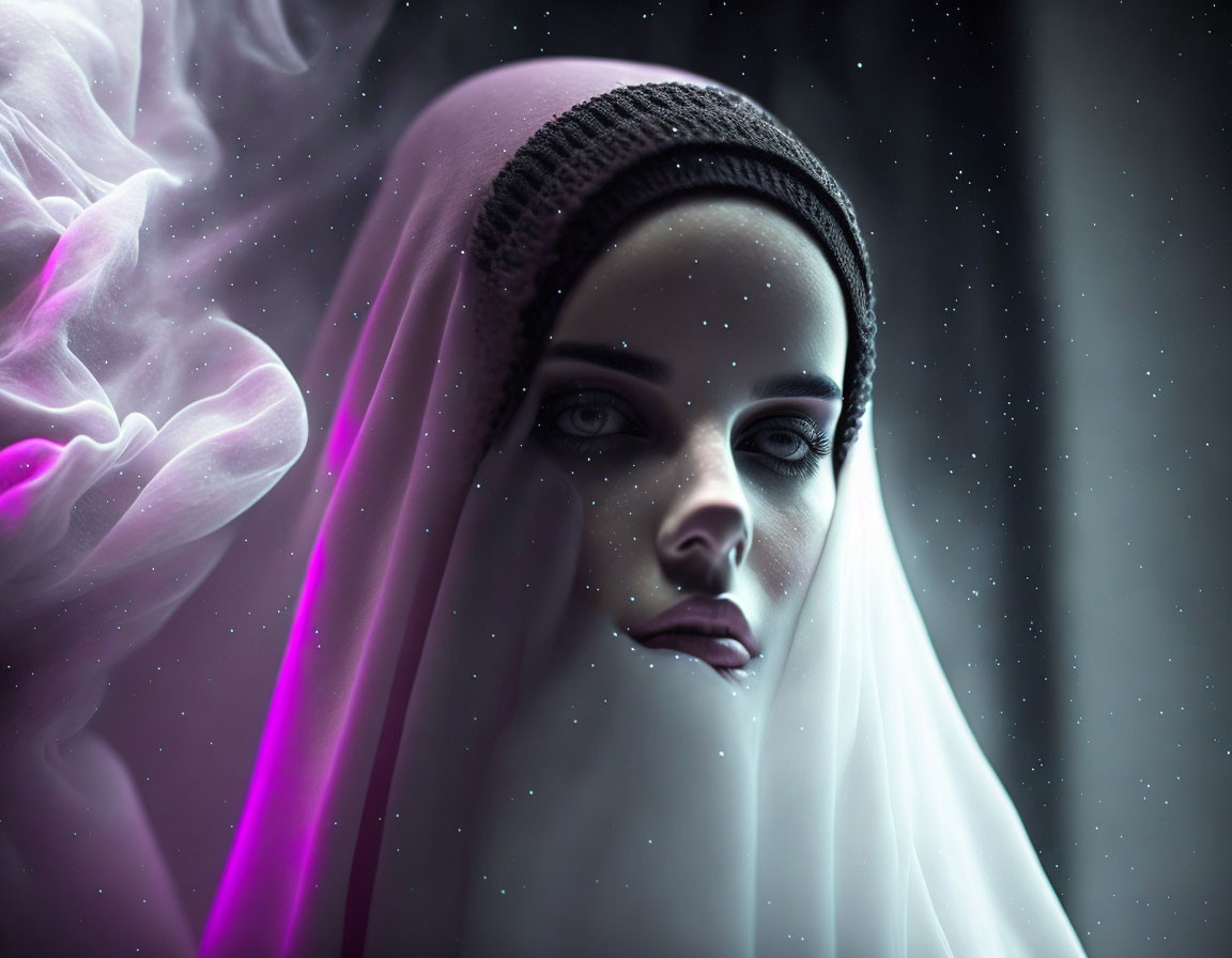 Veiled figure in purple smoke on dark background