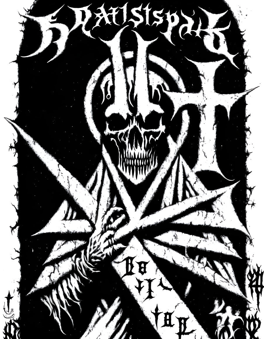 Monochrome graphic of stylized skull with gothic text and crossbones