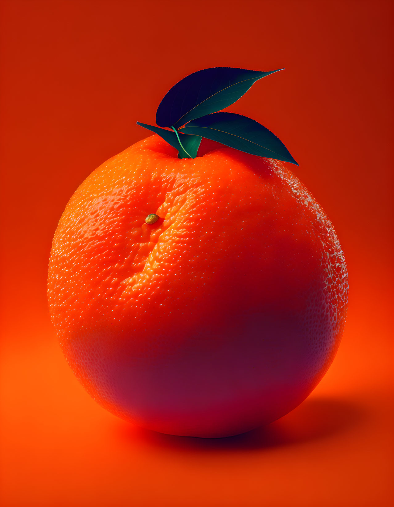 Vibrant orange tangelo with green leaf on matching background showcasing textured surface