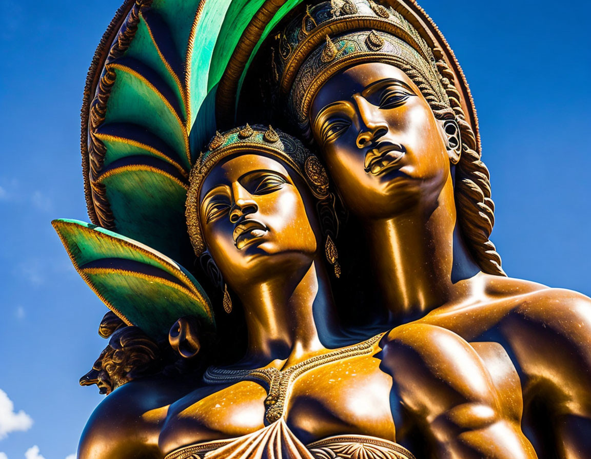 Bronze statue of two women with ornate headdresses under blue sky