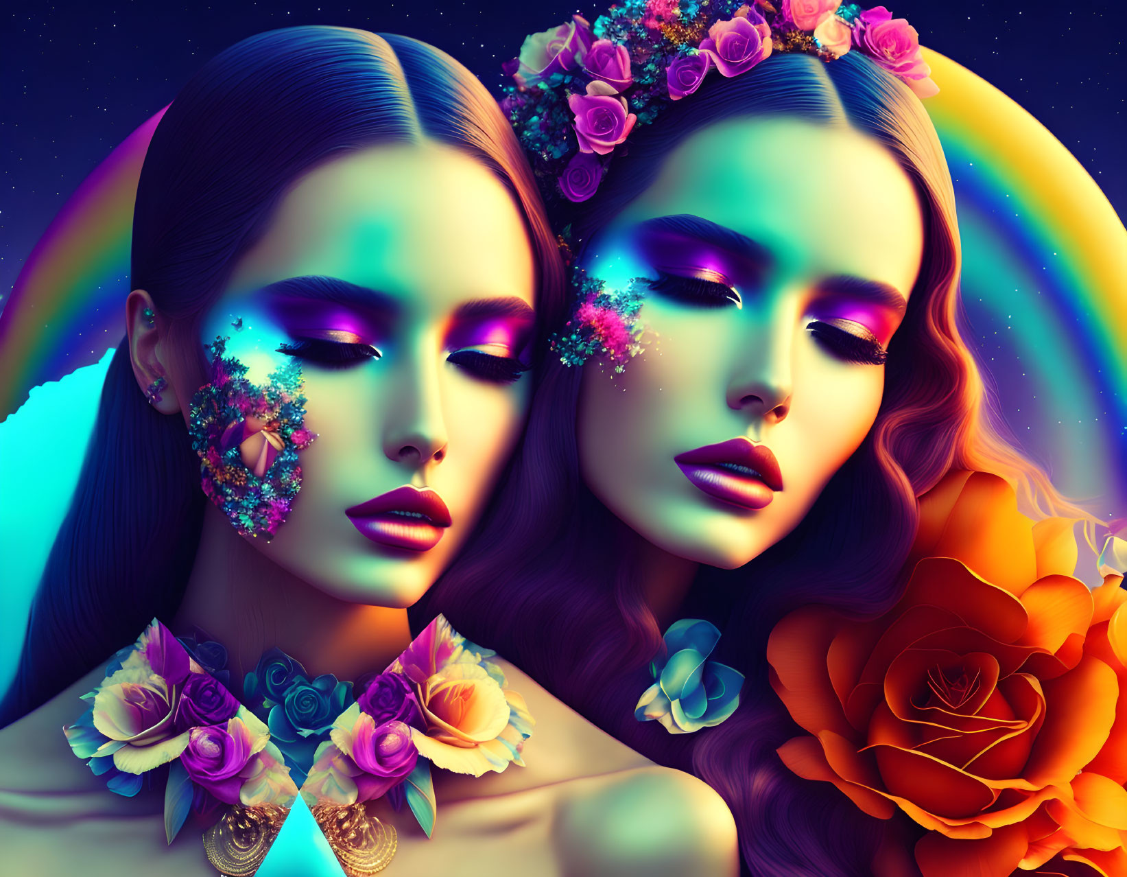 Vibrant floral makeup on two women against cosmic rainbow backdrop