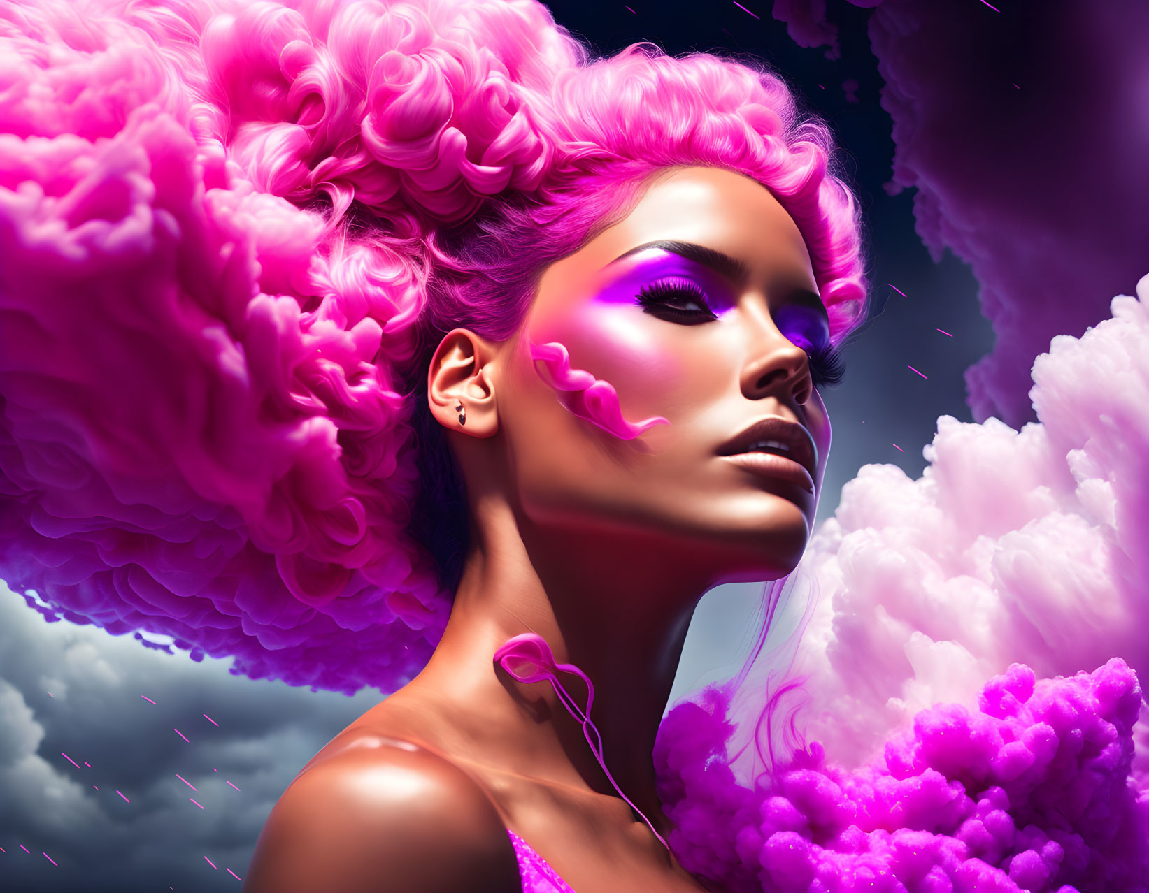 Woman with Pink Hair and Makeup Blending into Pink Clouds in Dramatic Sky