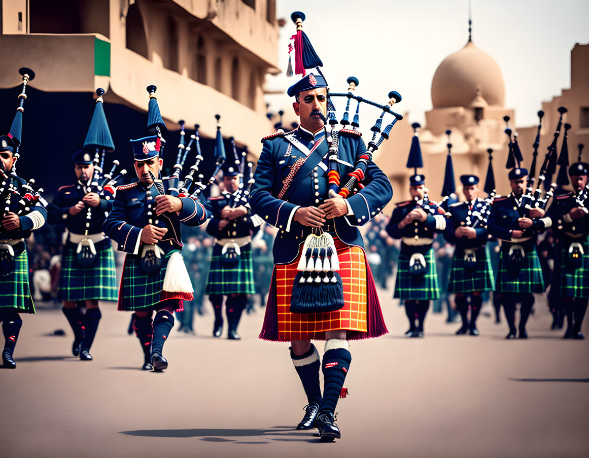 Traditional bagpipers in tartan kilts and military uniforms marching in parade