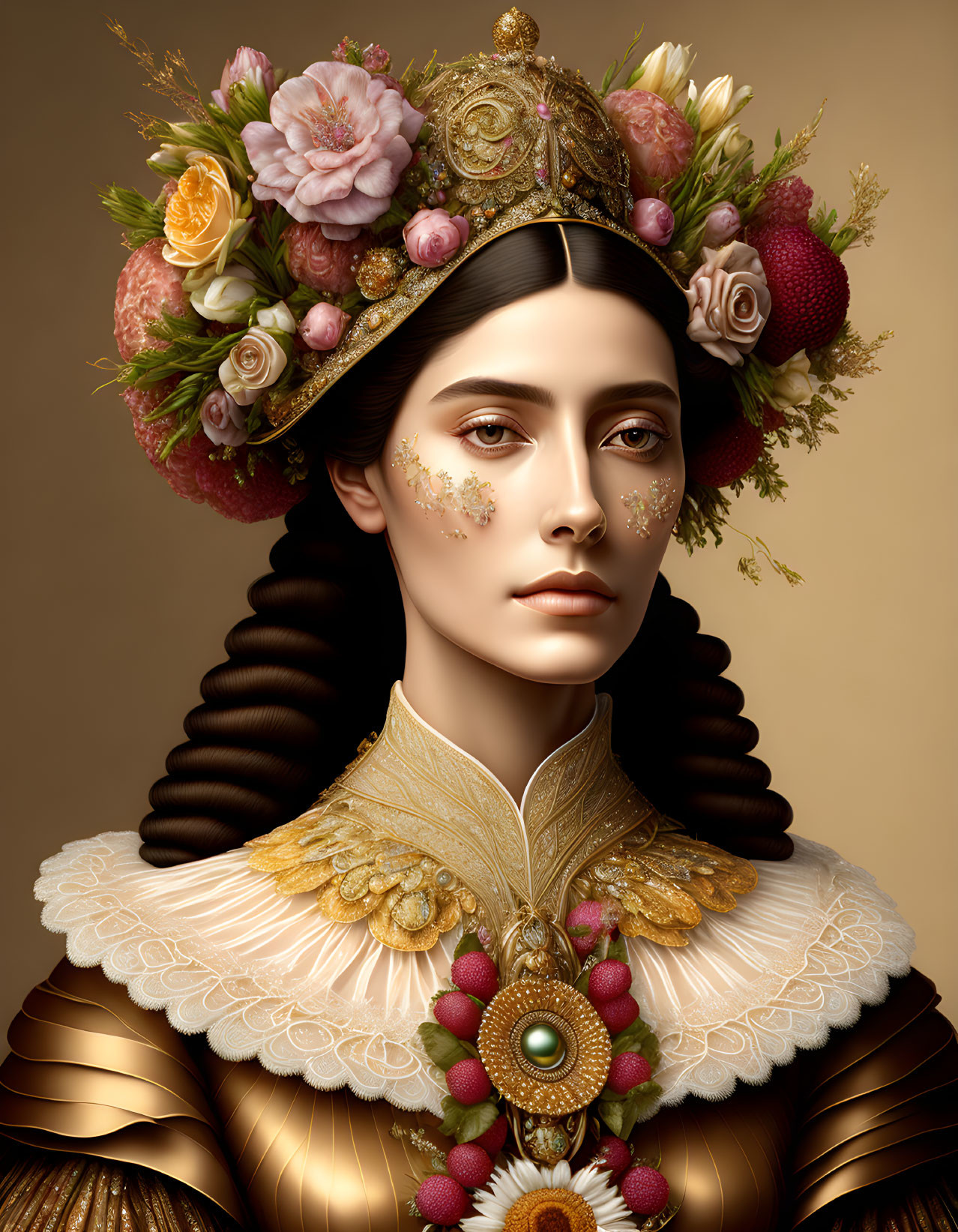 Regal woman with ornate gold headdress and Elizabethan collar