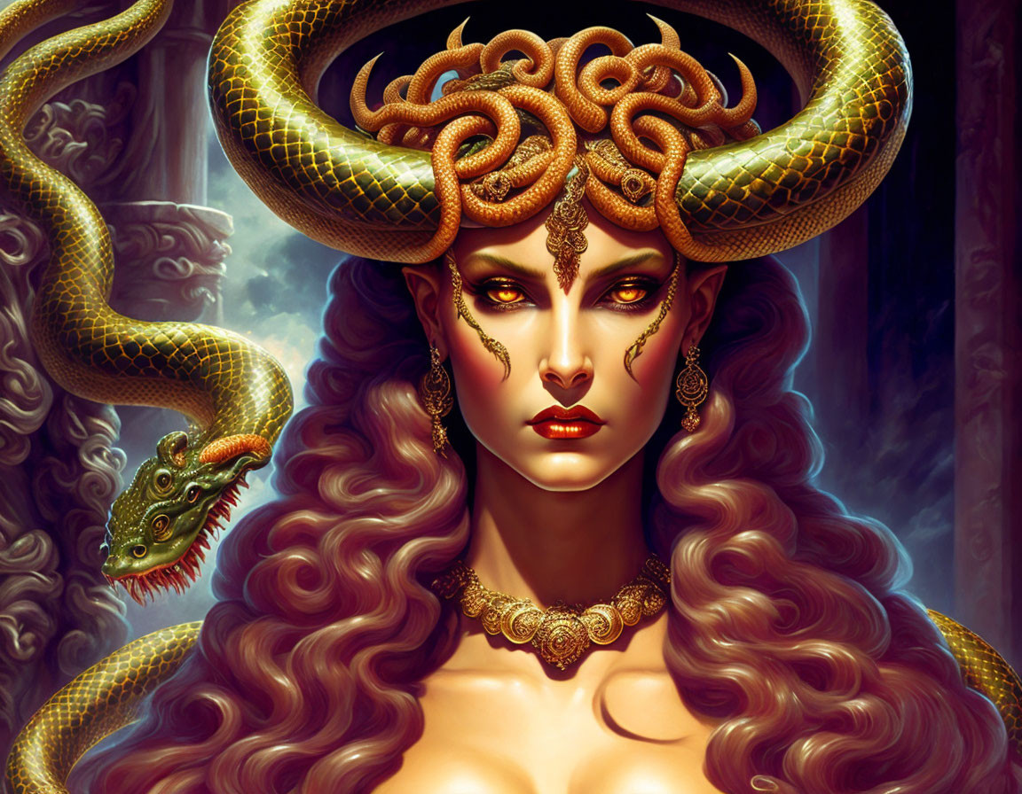 Digital artwork featuring woman with horns, snake crown, dramatic makeup, and ornate jewelry.