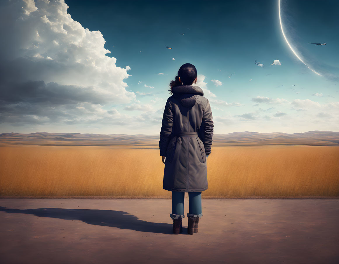 Person in coat faces surreal landscape with crescent moon in daytime sky above golden fields.