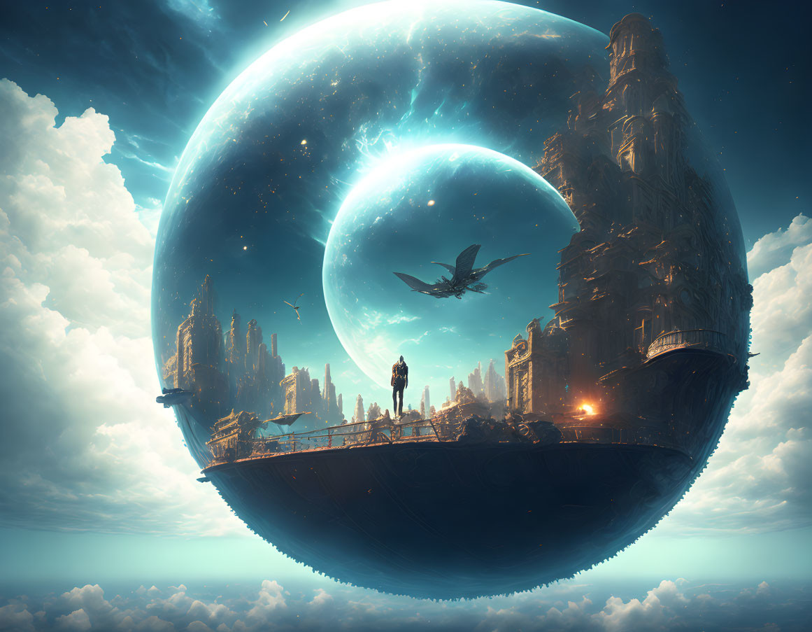 Futuristic floating island with giant celestial body and soaring bird