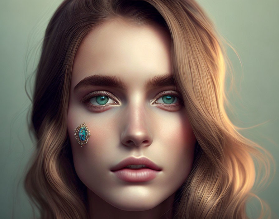 Portrait of woman with green eyes, long blonde hair, and jeweled cheek.