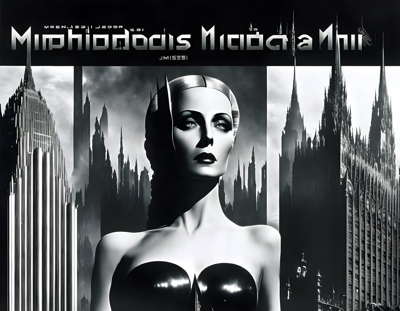 Monochromatic futuristic female figure with art-deco skyscrapers.