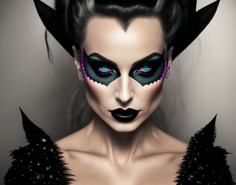 Fantasy character makeup with black horns and dark lipstick