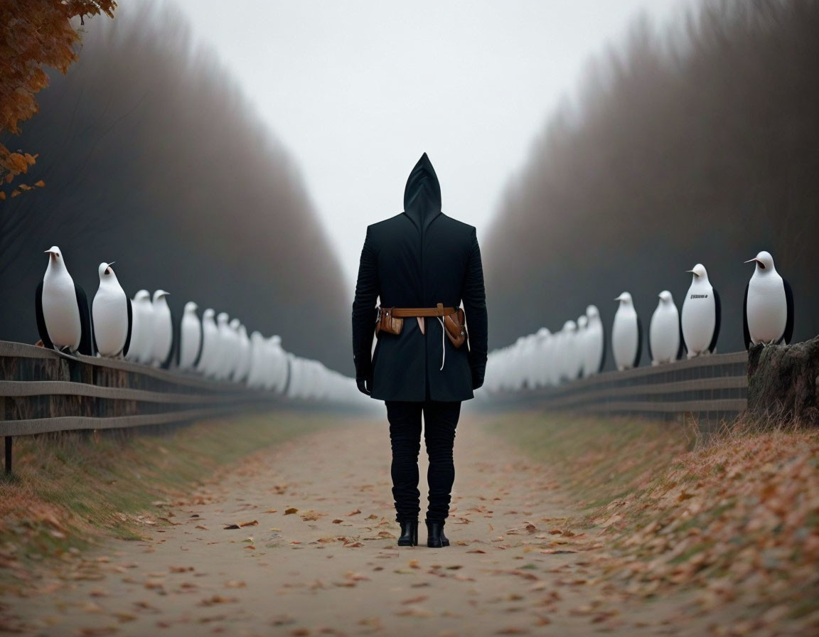 Person in Suit and Hoodie on Foggy Path with Large Bird-like Sculptures