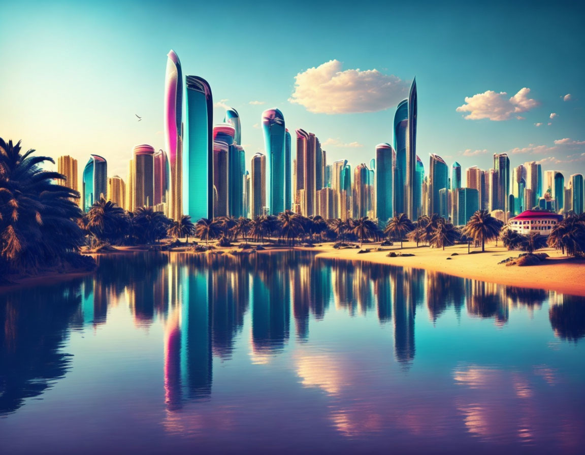 Mirrored skyscrapers in futuristic city skyline by tranquil waterfront