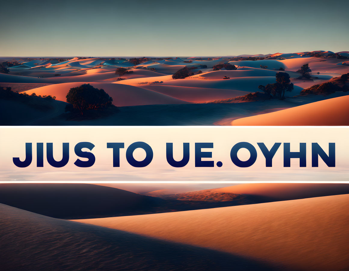 Desert landscape at dusk with sand dunes and blue shadows.