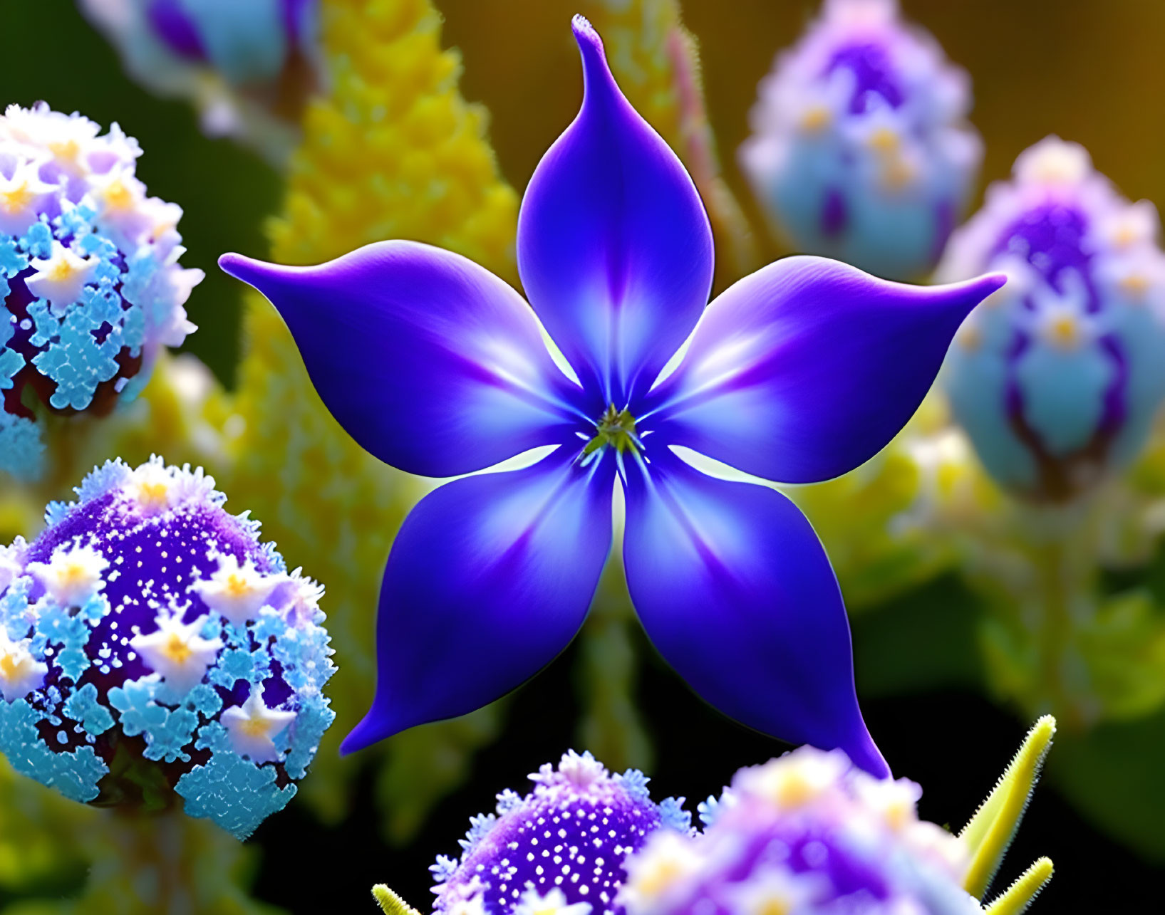 Vivid Purple Five-Petaled Flower with Blue and Yellow Blossoms on Dark Background