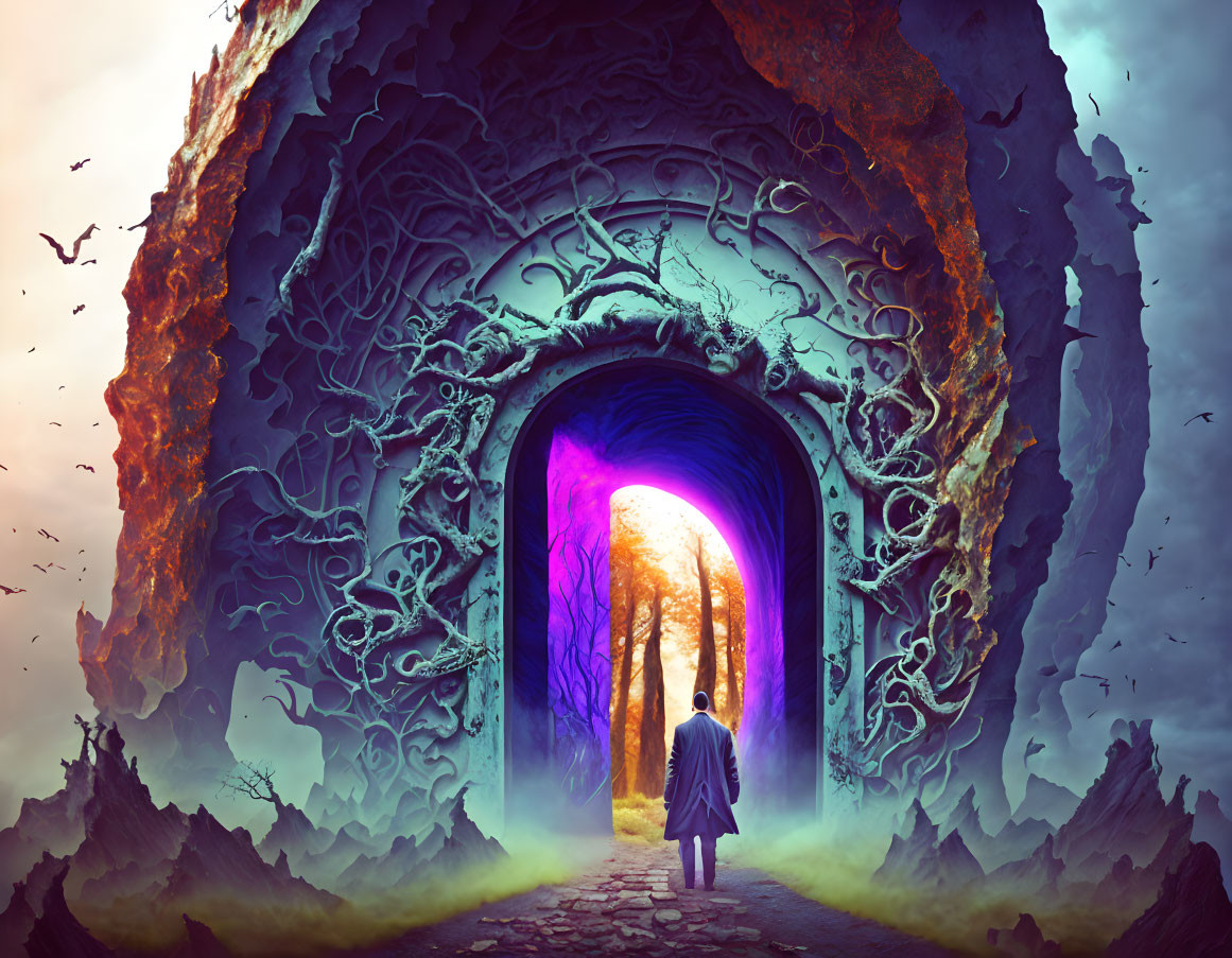 Person gazes at mystical archway in vibrant, otherworldly forest