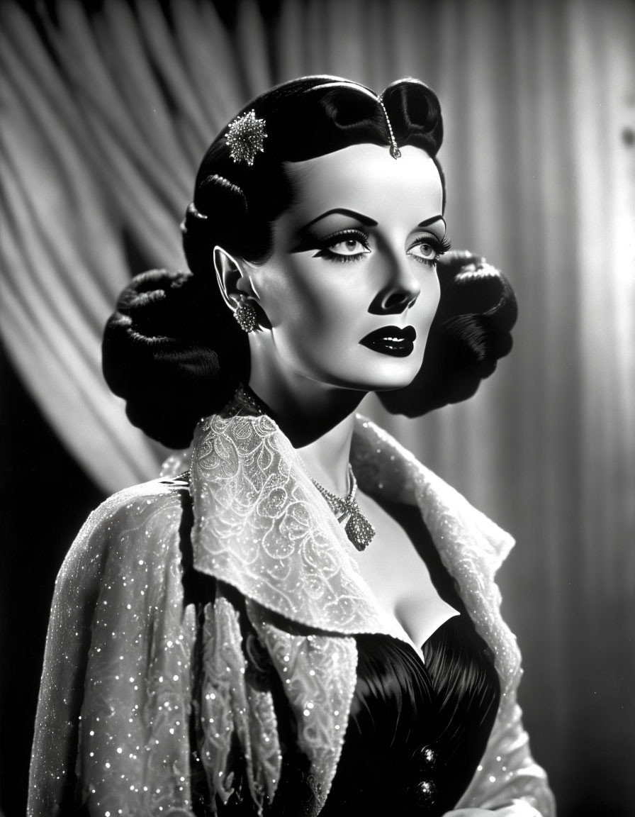 Elegant vintage black and white photo of a woman with glamorous hairstyle and makeup